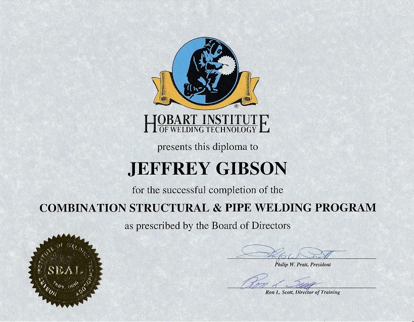 Jeffrey Gibson Hobart Certificate